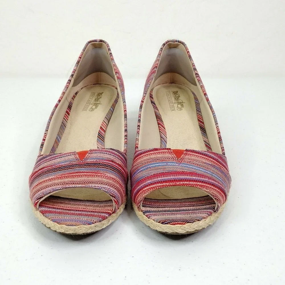 Coach And Four Lucine Stripe Peep Toe Espadrille Wedge Shoes Women's Size 9